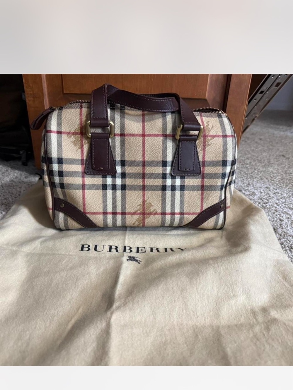 Burberry Beige Nova Check Canvas Small Bowling Bag with Brown Trim